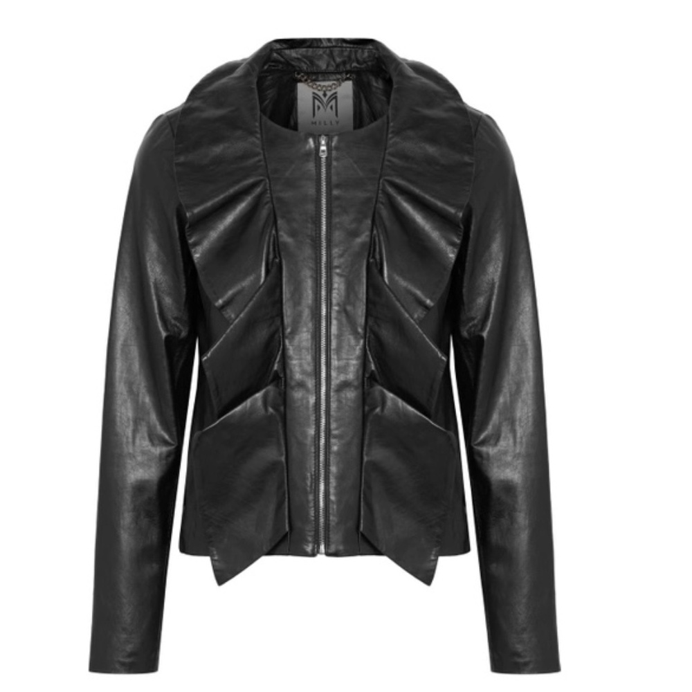 MILLY Cascade Leather Jacket Zip Closure with Ruffles Black Small